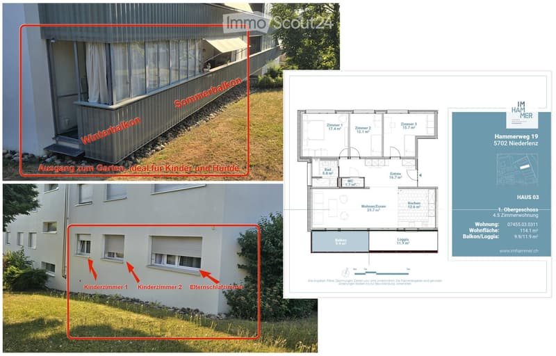 Floor plan and exterior view of a 4.5-room apartment with labeled rooms including three bedrooms, a bathroom, a kitchen, a living/dining area, a balcony, and a loggia. The exterior shows a modern building with labeled balconies and garden access.