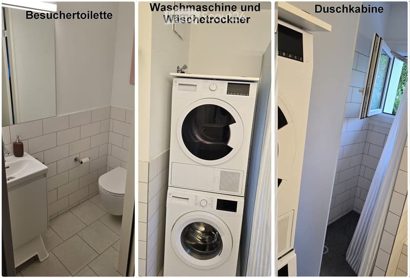 Three images show a compact bathroom with a sink, toilet, mirror, and soap dispenser; a combined washing machine and dryer unit; and a modern shower cabin with a window.
