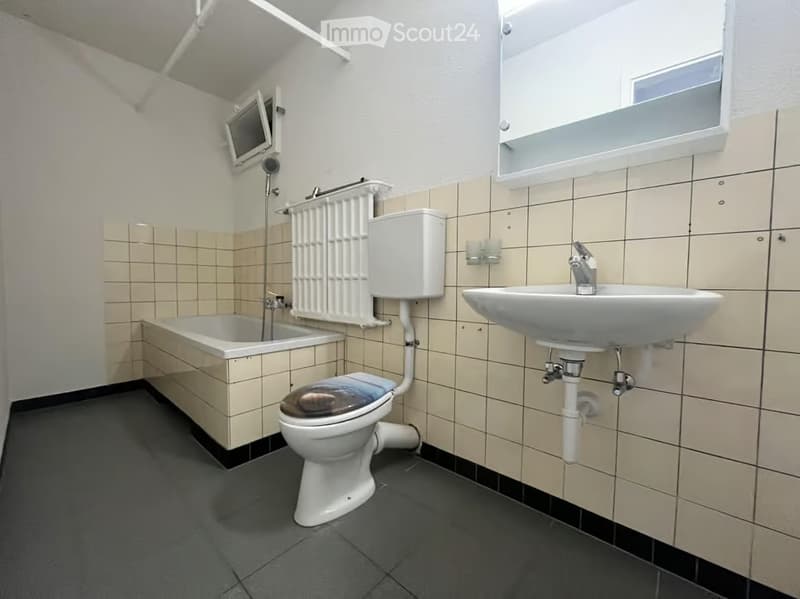 Bathroom with a toilet, sink, bathtub, radiator, mirror, and a small TV mounted on the wall.