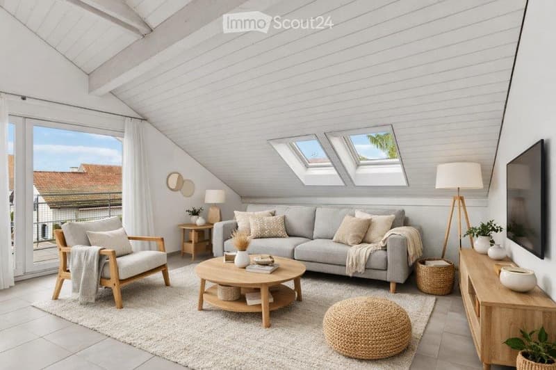 Bright living room with white shiplap walls, skylights, grey sofa, wooden coffee table, armchair, ottoman, floor lamp, side table, and decorative plants.
