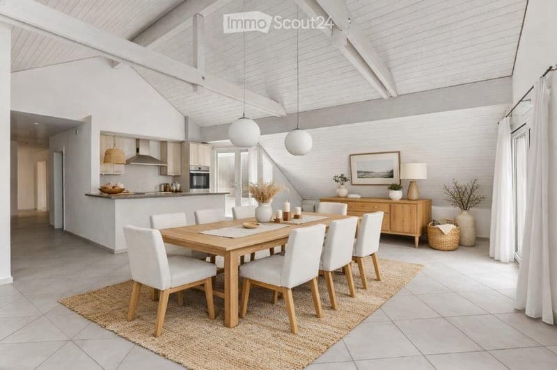 Bright, airy dining area with a wooden dining table and white chairs, pendant lights, a cabinet, and a small kitchen area in the background.