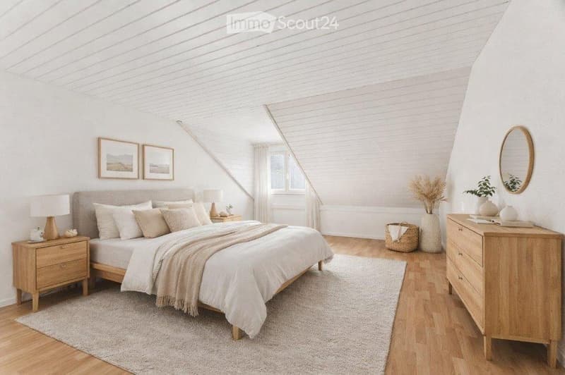 Bright, airy bedroom with white walls, wooden flooring, and a large bed with multiple pillows and a blanket. Features include nightstands with lamps, a mirror, a wooden dresser, and decorative vases.