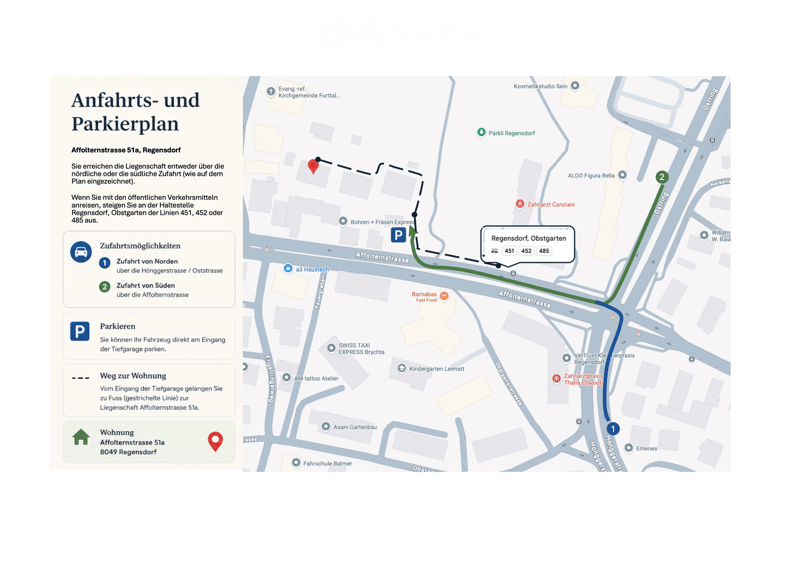 Floor plan showing parking and access routes to Affolternstrasse 51a, Regensdorf, with highlighted pathways and public transport stops.