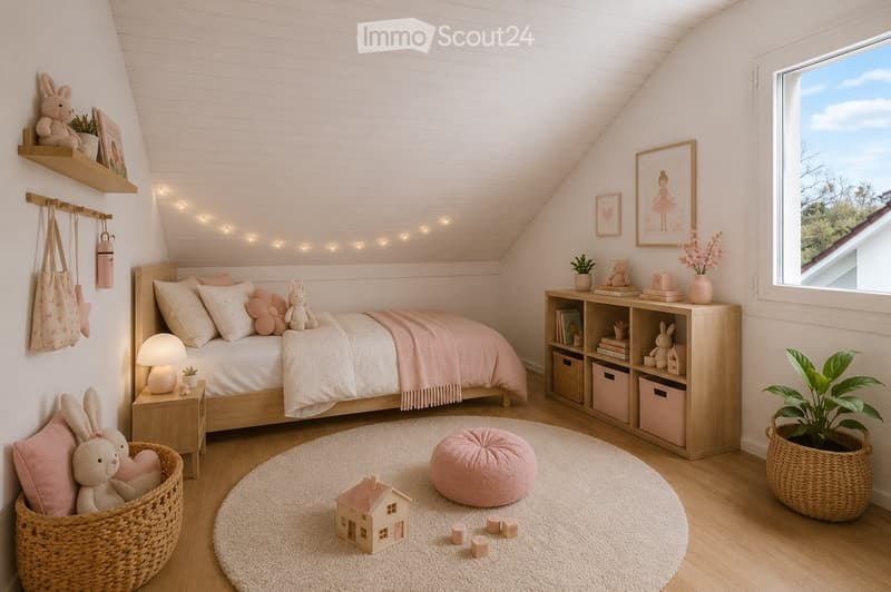 Cozy children's bedroom with a wooden bed, nightstand, shelf, storage unit, and various toys and decor items.