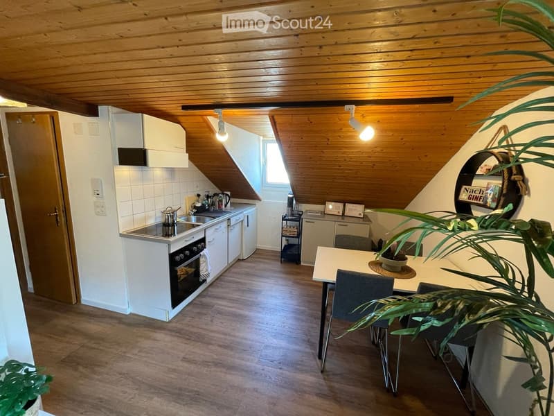 Modern kitchen with white cabinets, wooden ceiling, and a dining area. Features a stove, oven, sink, fridge, and a small table with chairs.