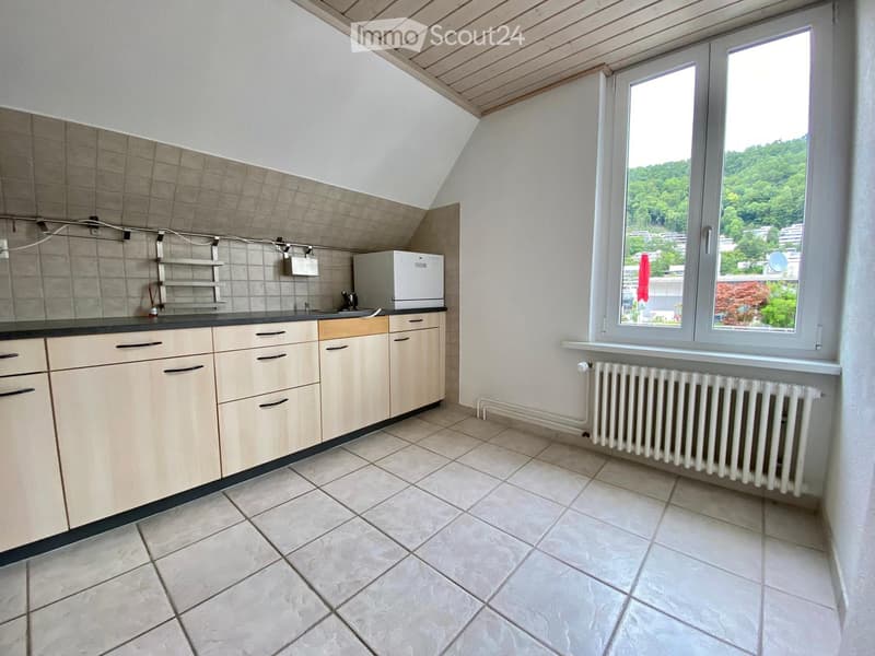 kitchen with tiled floor, cabinets, countertop, white refrigerator, radiator, window