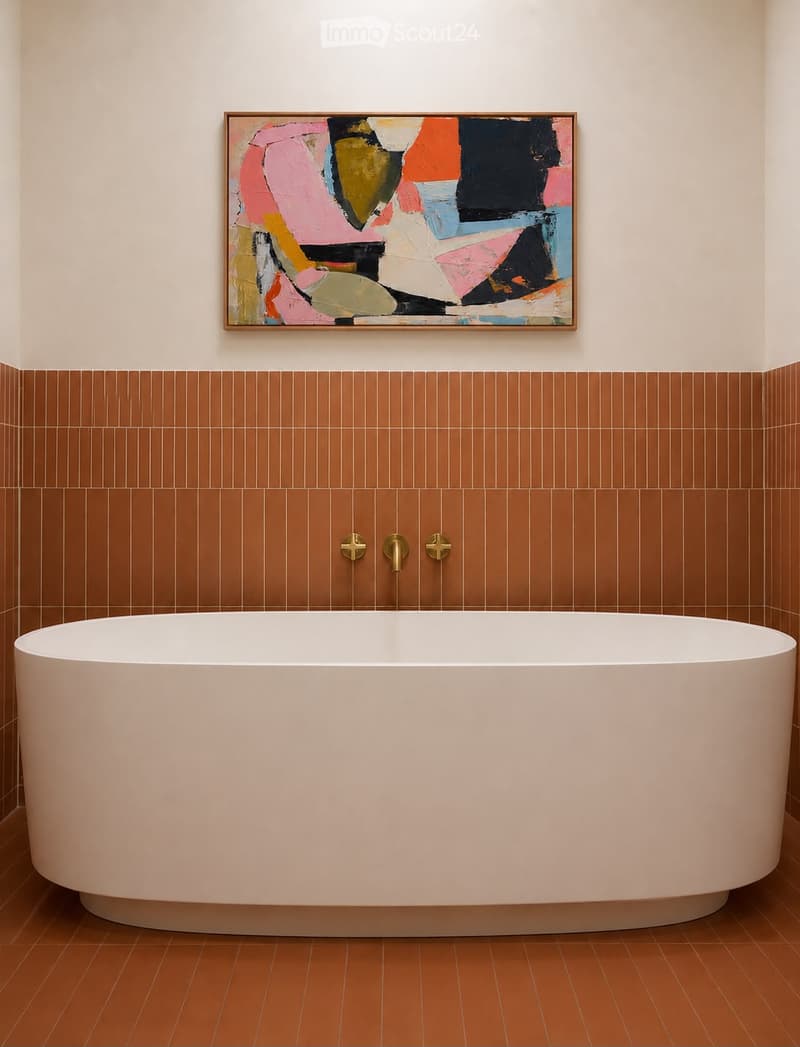 Modern bathroom with a large, freestanding white bathtub, brown tiled walls, and a colorful abstract painting above the tub.