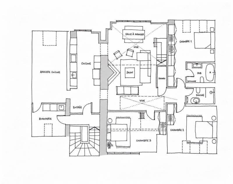 Floor plan of a house with three bedrooms, a living room, a dining room, a kitchen, a bathroom, and a shower room.