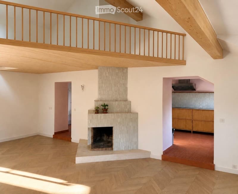 Open-plan living space with wooden flooring, a central fireplace, and a visible kitchen area with wooden cabinets.
