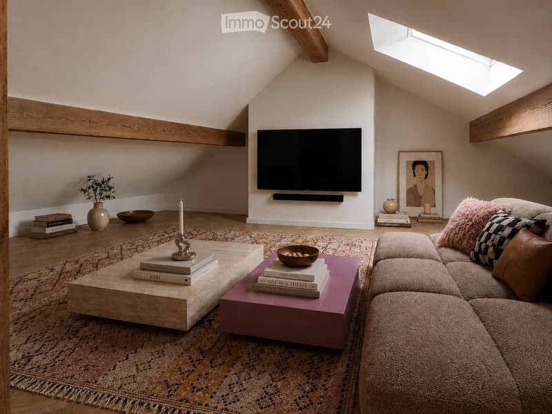 Modern living room with exposed wooden beams, a large television mounted on the wall, a sectional sofa with pillows, a wooden coffee table, and decorative items including books, a vase, and a candle.