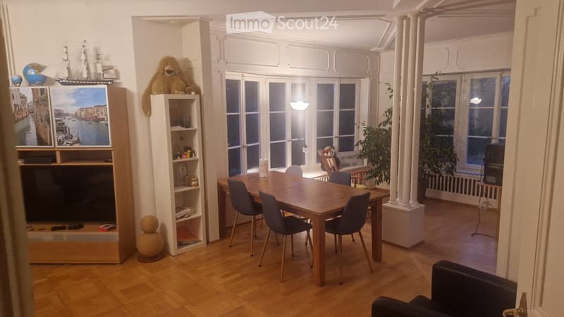 A well-lit room with wooden flooring, large windows, a dining table with chairs, shelves, and decorative items including a large screen and a plant.