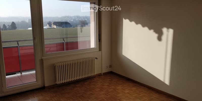 Empty room with wooden flooring, large window leading to a balcony, radiator, and a view of a field and houses.