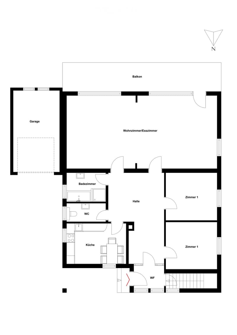 Floor plan of a house with a garage, living/dining room, kitchen, bathroom, hallway, two bedrooms, and a balcony.