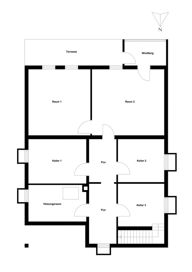 Floor plan showing a layout with multiple rooms including a terrace, windbreak, two main rooms, three basement rooms, a heating room, and two floor levels.