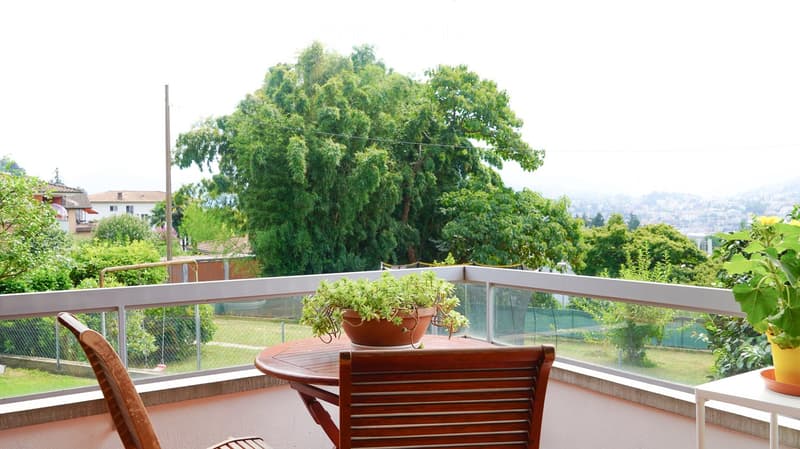 Balcony with a wooden table, chairs, and potted plants, overlooking a green landscape and cityscape.