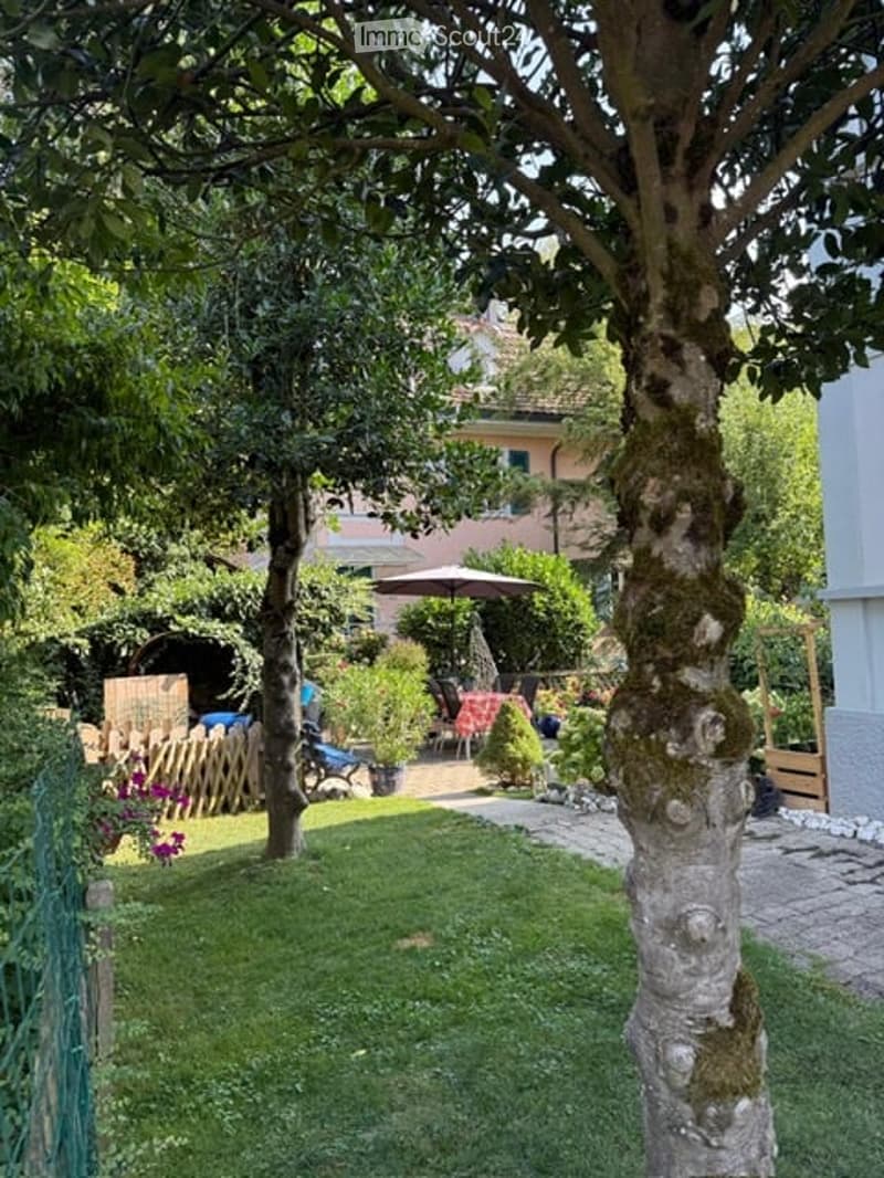 A well-maintained garden with a grassy area, trees, a wooden fence, and outdoor furniture including chairs and a table under an umbrella.