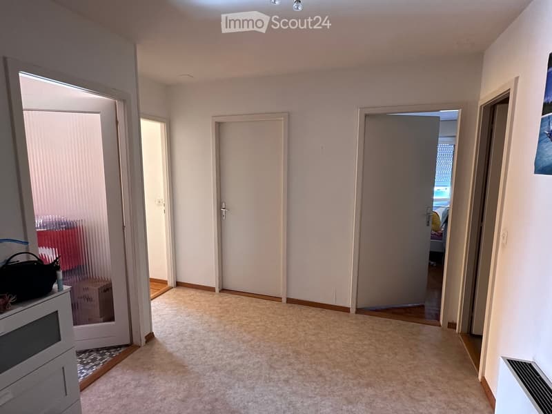 Empty hallway with carpeted floor, white walls, and several doors leading to other rooms.