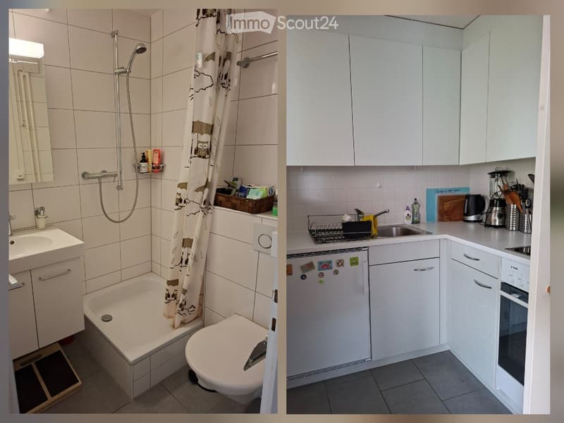 Bathroom with a bathtub, toilet, sink, mirror, and shower with a curtain. The walls are tiled, and there is a small shelf with toiletries.