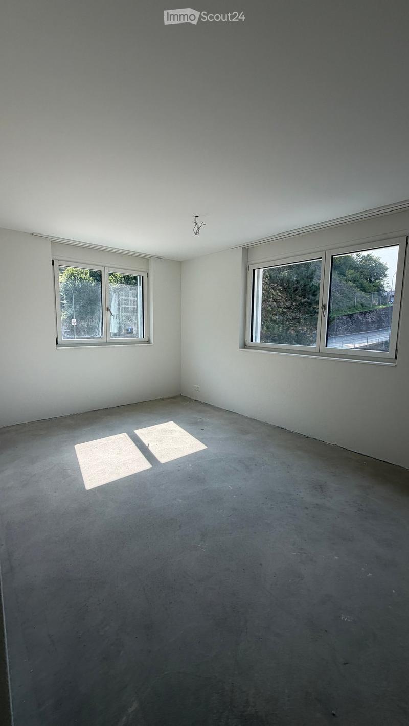 Empty room with concrete floor, white walls, and two windows with metal frames. No furniture or equipment present.