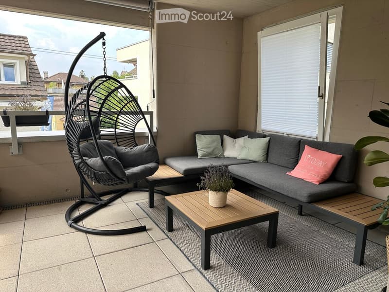 Balcony with a grey sofa, wooden coffee tables, a wicker hanging chair, and a small potted plant.
