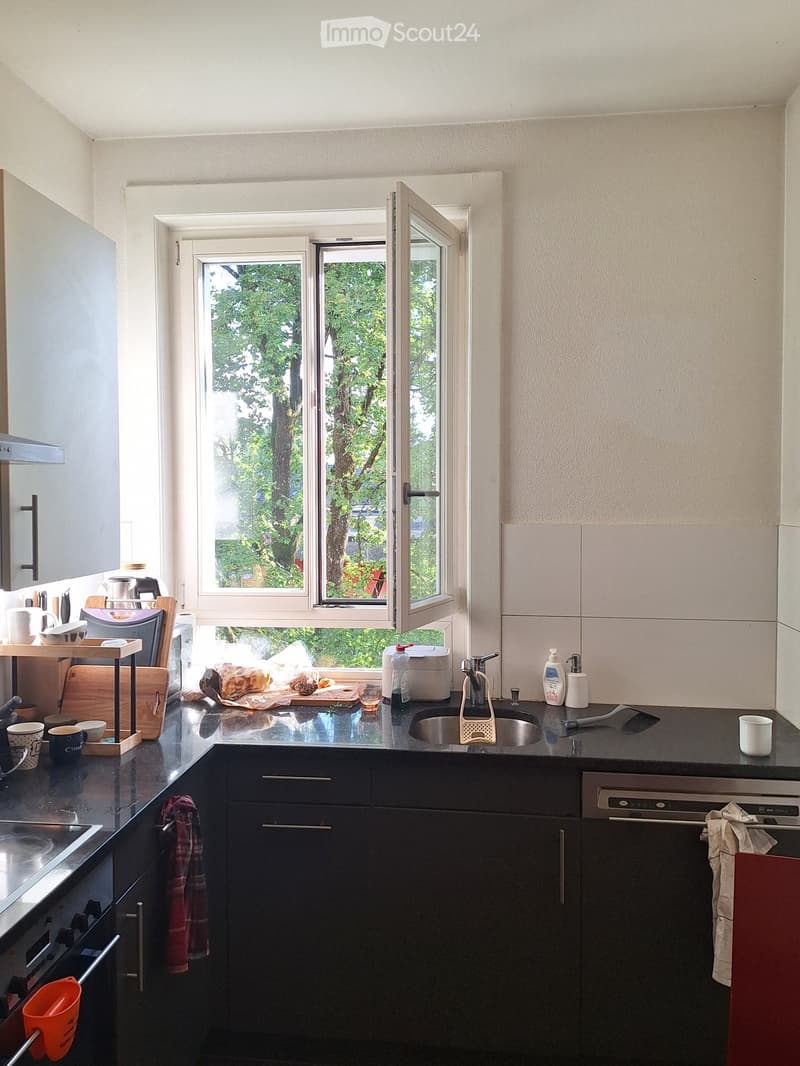 Modern kitchen with dark cabinets, stainless steel sink, dishwasher, and various kitchen items on the counter, including cups, bottles, and a cutting board.