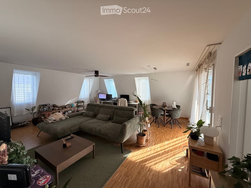 Bright living room with wooden flooring, large windows, a sectional sofa, coffee table, dining area with table and chairs, and decorative plants.