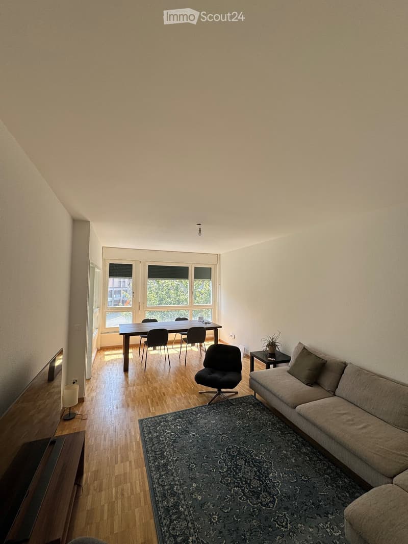 Bright living room with wooden flooring, large windows, a sofa, coffee table, chairs, a dining table, and a side table with a plant.