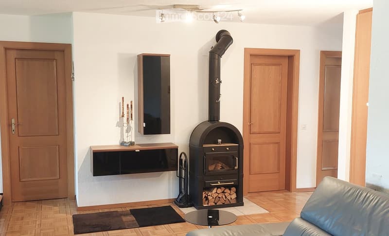 Modern living room with wooden flooring, fireplace, sofa, coffee table, and decorative items.