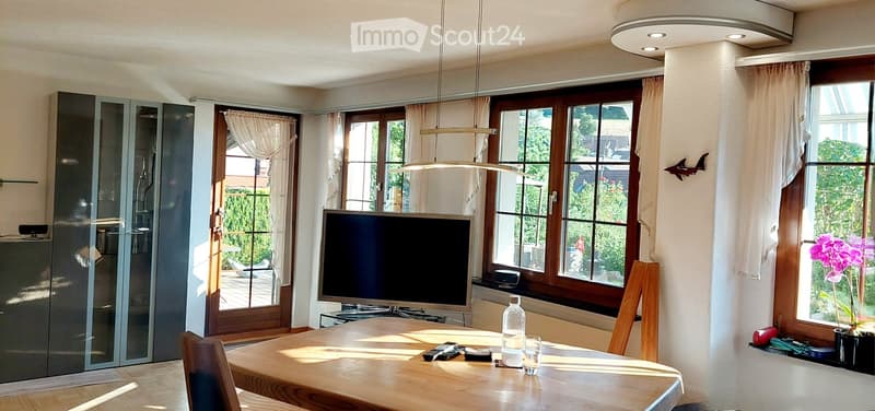 Bright living room with large windows, wooden table, chairs, television, and decorative items including a flower pot and a wall-mounted sculpture.