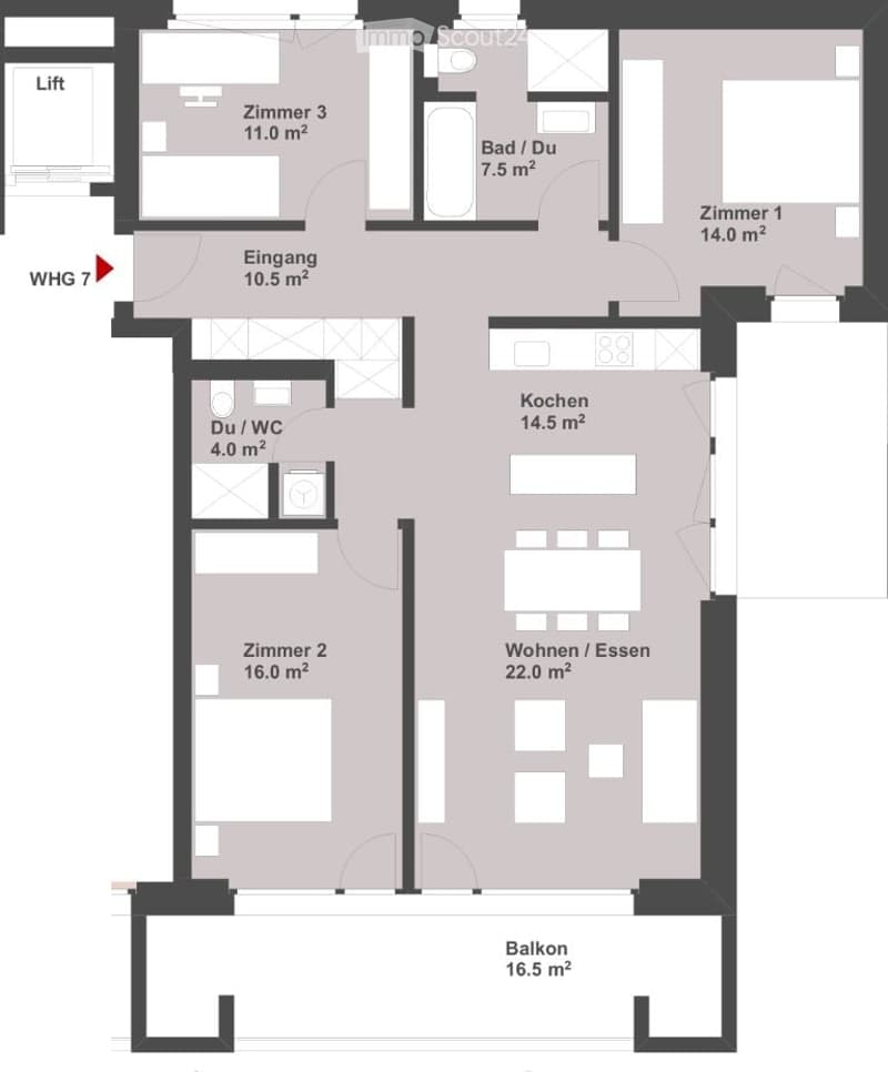 Floor plan of a 2-room apartment with a kitchen, living/dining area, two bedrooms, two bathrooms, and a balcony.