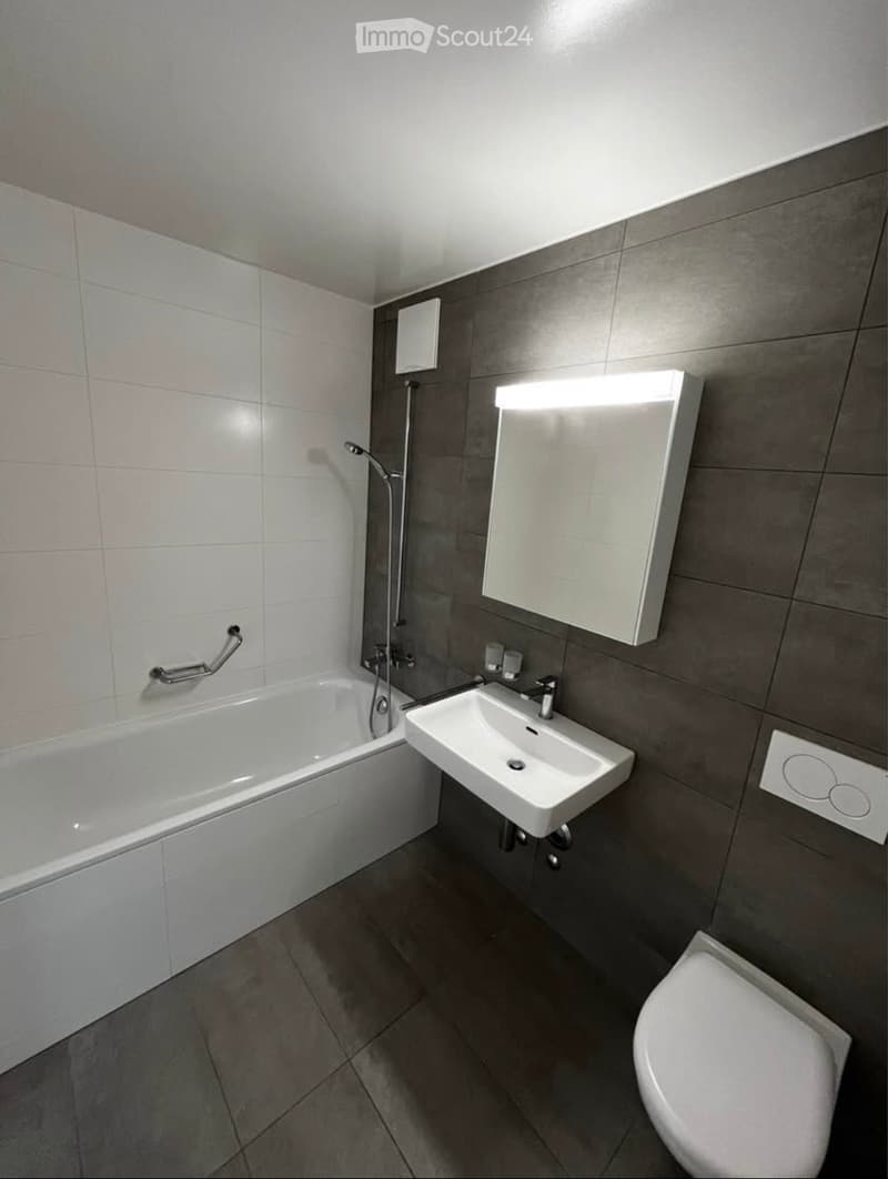 Modern bathroom with a bathtub, sink, toilet, and a built-in mirror with lighting. The walls are tiled in light and dark gray, and the floor is tiled in dark gray.