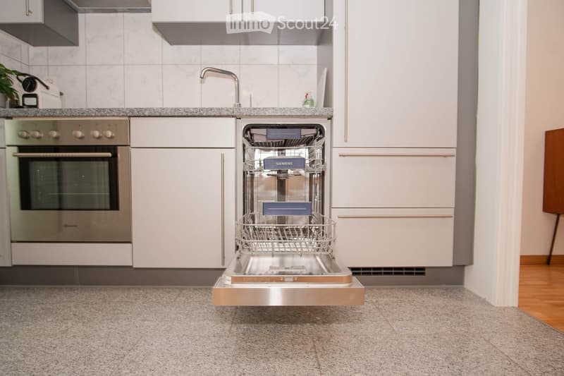 modern kitchen with white cabinets, stainless steel appliances, open dishwasher
