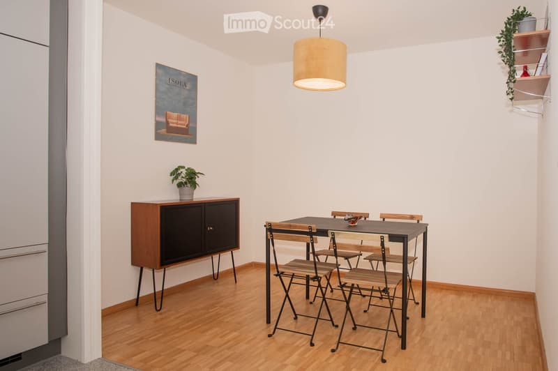 Dining area with a table and chairs, a cabinet with a plant, a picture frame, and a lamp