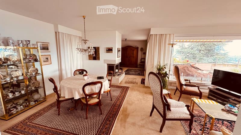 A well-furnished living and dining area with a dining table, chairs, a television, a chandelier, and a fireplace. The room features large windows with curtains and a view of the outdoors.