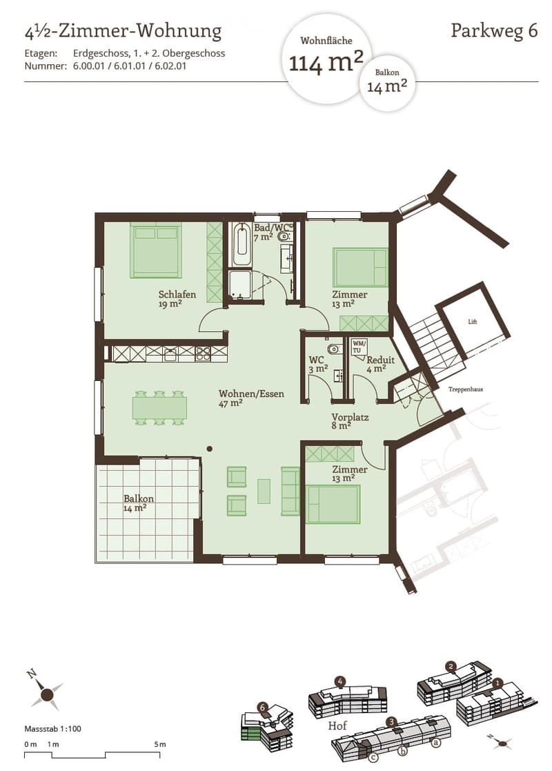 Floor plan of a 4.5-room apartment with 114 m² living area, including a bedroom, living/dining area, bathroom, WC, and balcony.