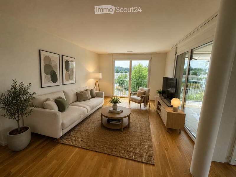 Modern living room with light wooden flooring, a large sectional sofa, coffee table, armchair, TV, and large windows opening to a balcony.