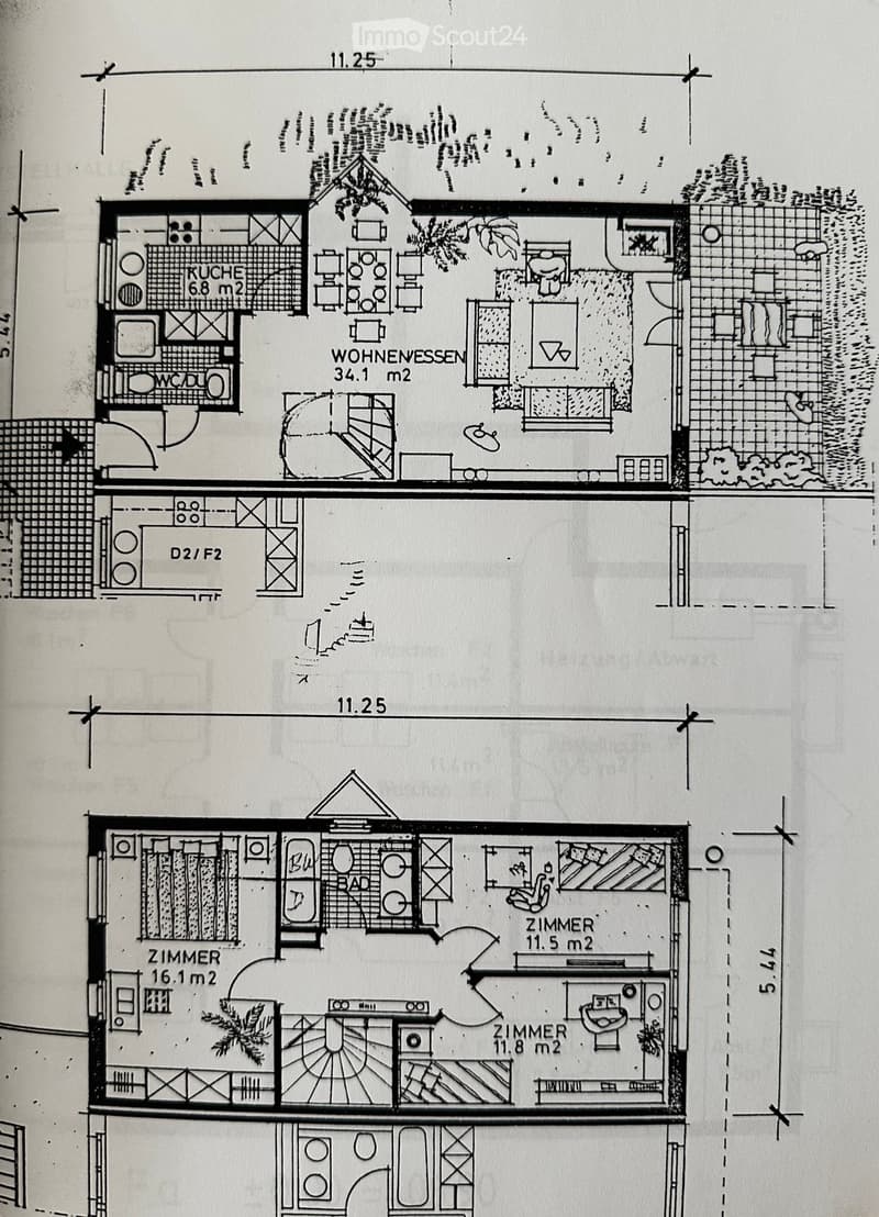 Floor plan showing a kitchen, living area, two bedrooms, and a bathroom. Includes labeled dimensions and room names in German.
