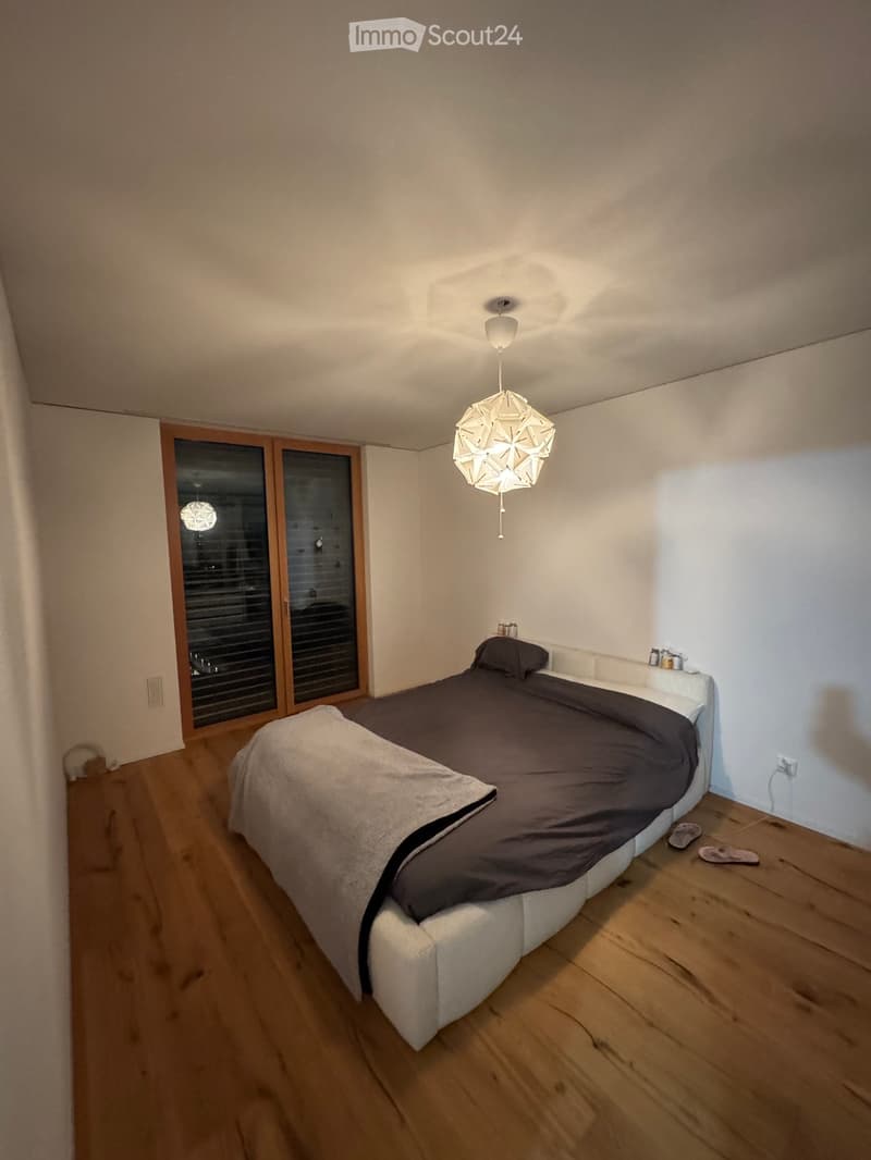 Modern bedroom with a large bed, dark bedding, pendant light fixture, and sliding glass doors leading to another room.