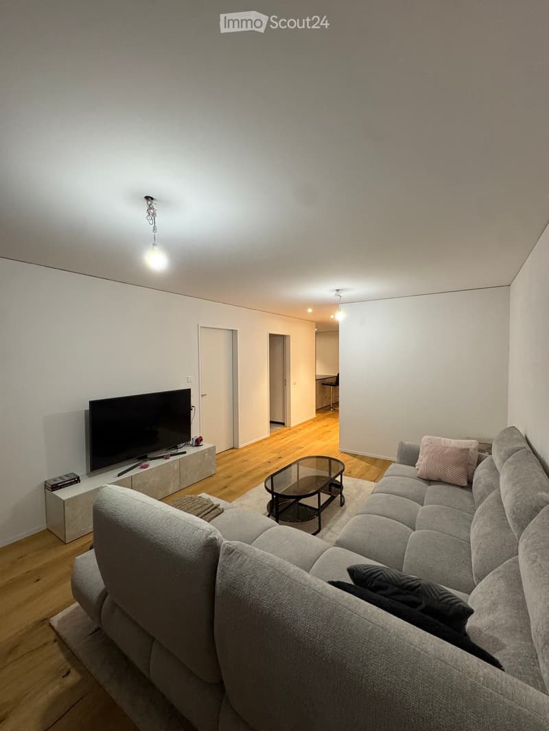 Modern living room with a grey sectional sofa, glass coffee table, flat-screen TV on a white stand, and wooden flooring.