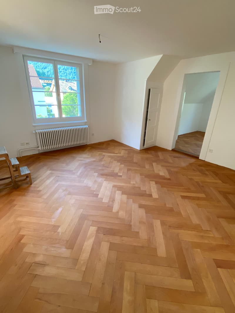 Empty room with wooden herringbone flooring, white walls, large window with view, radiator, and open doorway leading to another room.