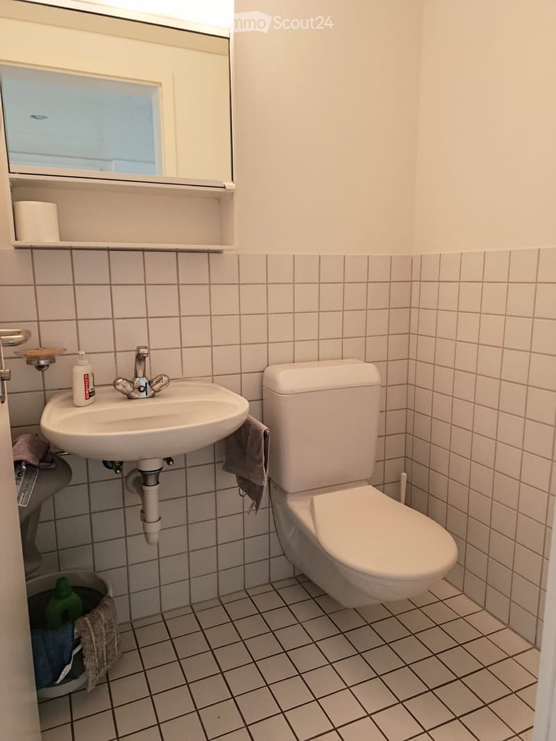 Small bathroom with white tiled walls and black tiled floor, featuring a toilet, sink with a mirror above, and a small shelf holding toilet paper.
