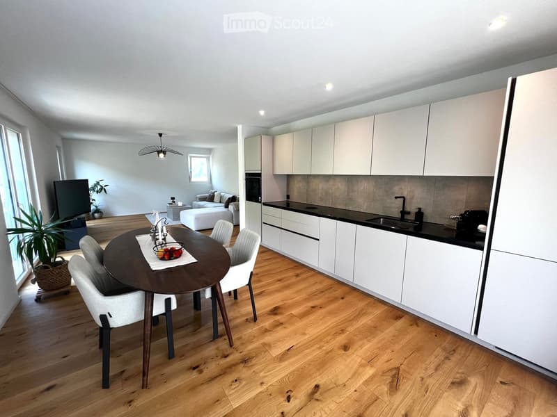 Open-plan living and dining area with a modern kitchen. Features a round dining table with chairs, a sofa, a television, and a kitchen with white cabinets, a sink, and a refrigerator.