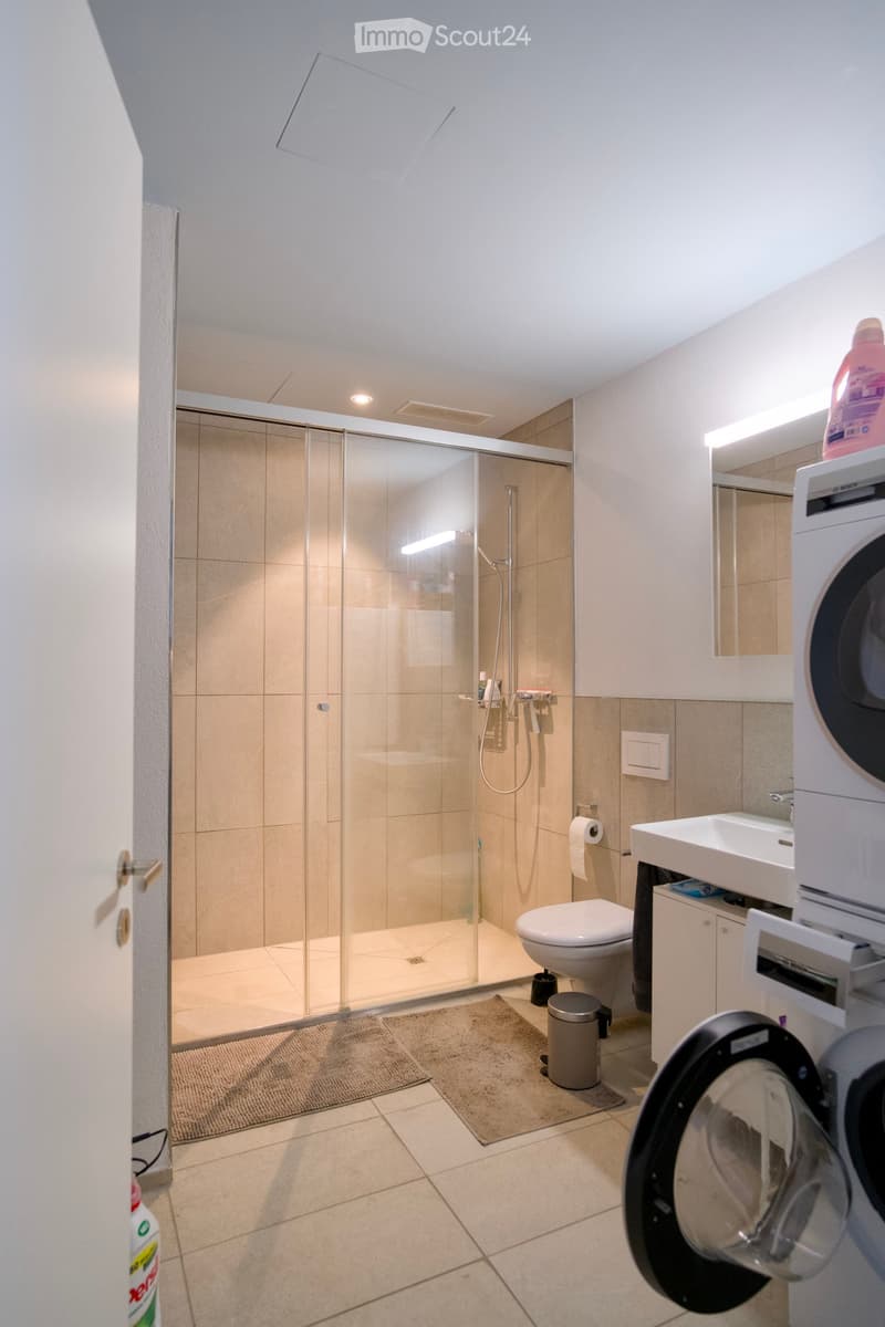 Modern bathroom with a glass-enclosed shower, toilet, sink, washing machine, and a mirror above the sink. The floor is tiled, and there are two small rugs in front of the shower area.