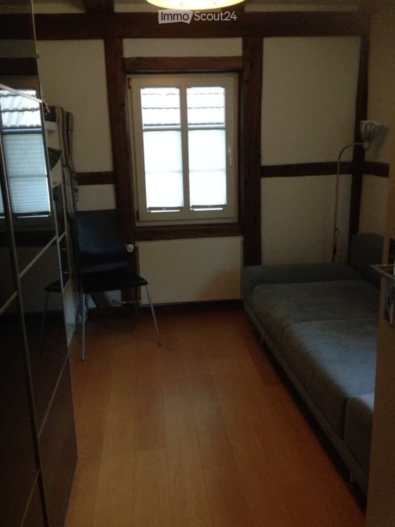 A small, furnished room with wooden flooring, a sofa, a chair, and a mirror. The room has a window with blinds and a radiator below it.