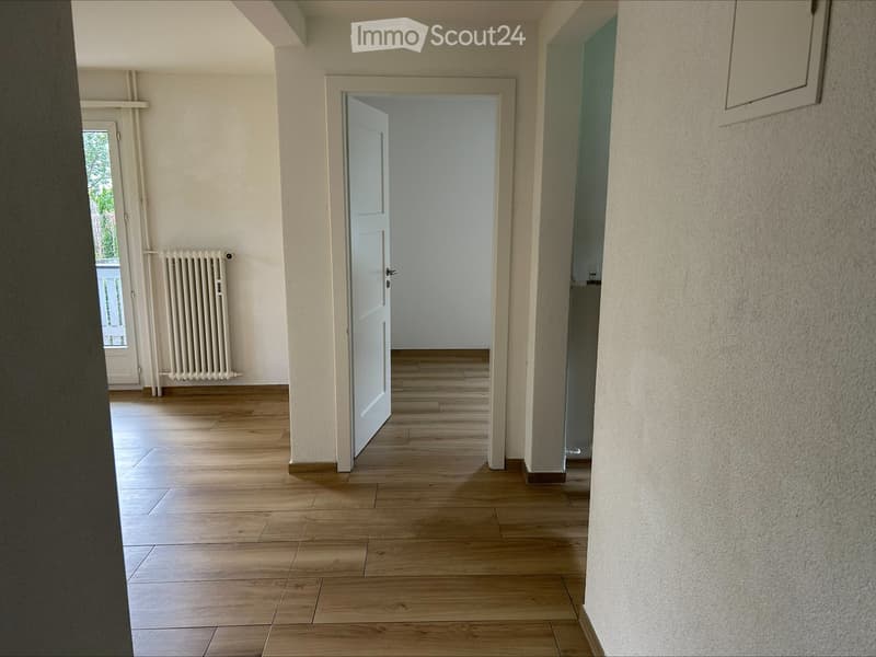Empty hallway with wooden flooring, white walls, and a closed door leading to another room. A radiator is visible on the left wall, and a window allows natural light to enter.
