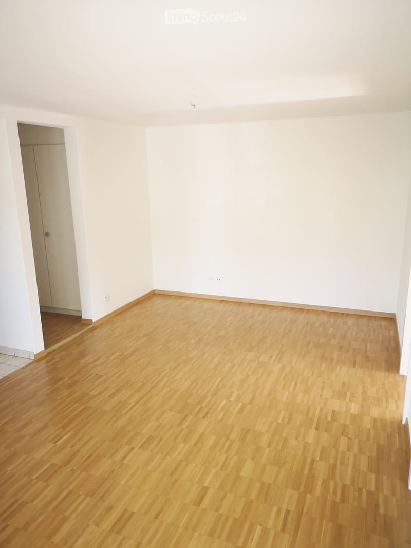 Empty room with light wooden flooring and white walls, featuring a closed white door on the left side.