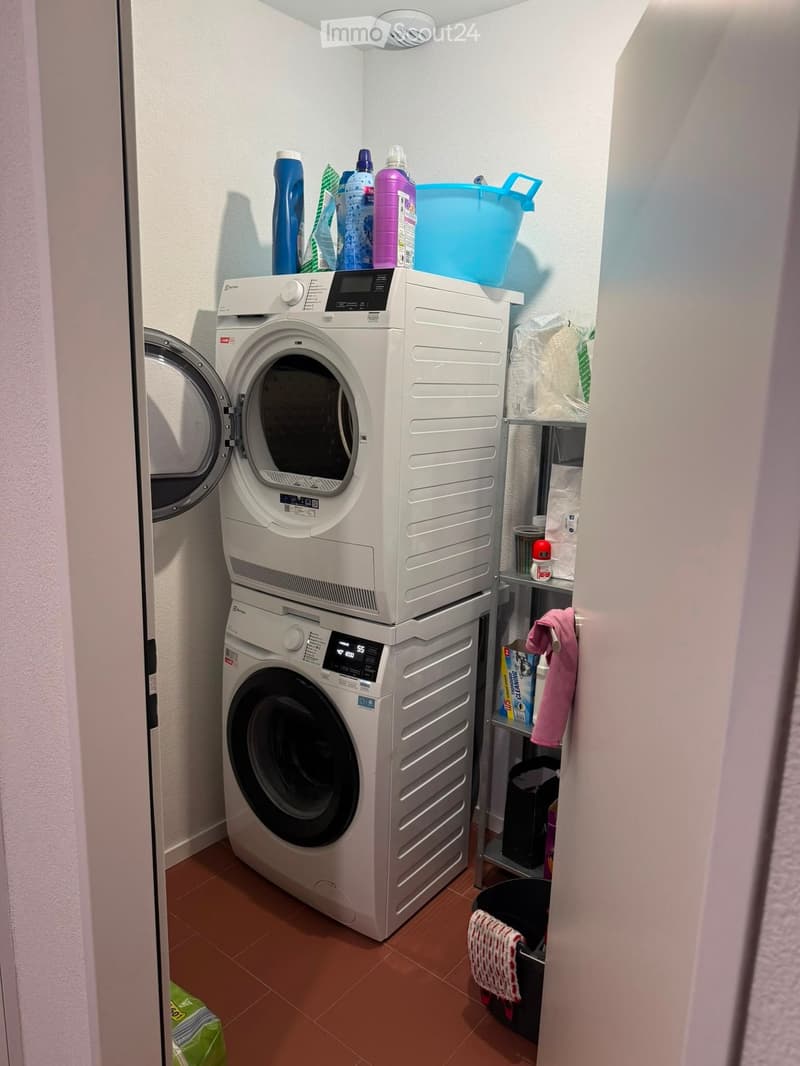 Compact bathroom with a stacked washing machine and dryer unit, shelves holding cleaning supplies, and a towel hanging on the side.
