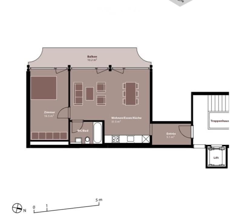 Floor plan of a 3-room apartment with a living/dining/kitchen area, bedroom, bathroom, entrance, staircase, and balcony.