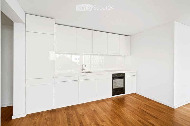 Modern, minimalist kitchen with white cabinetry, wooden flooring, and a built-in oven and sink.