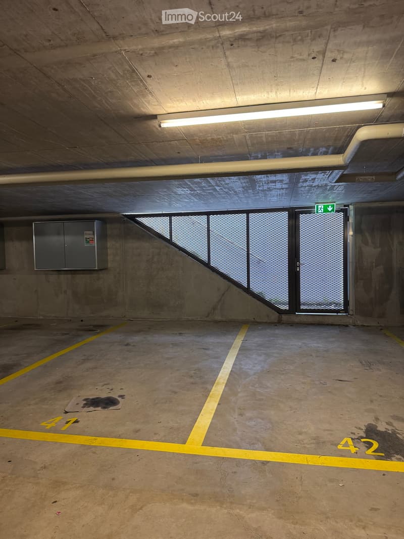 concrete floor, yellow parking lines, grey cabinet, emergency exit door, white lighting fixture